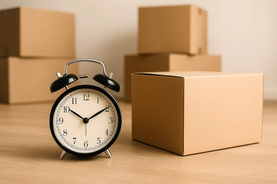 Flyttklocka och flyttkartonger som symboliserar tid vid flytt